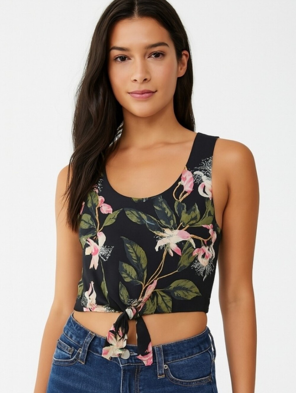 Floral Tie-Front Crop Tank Top - Black/Pink